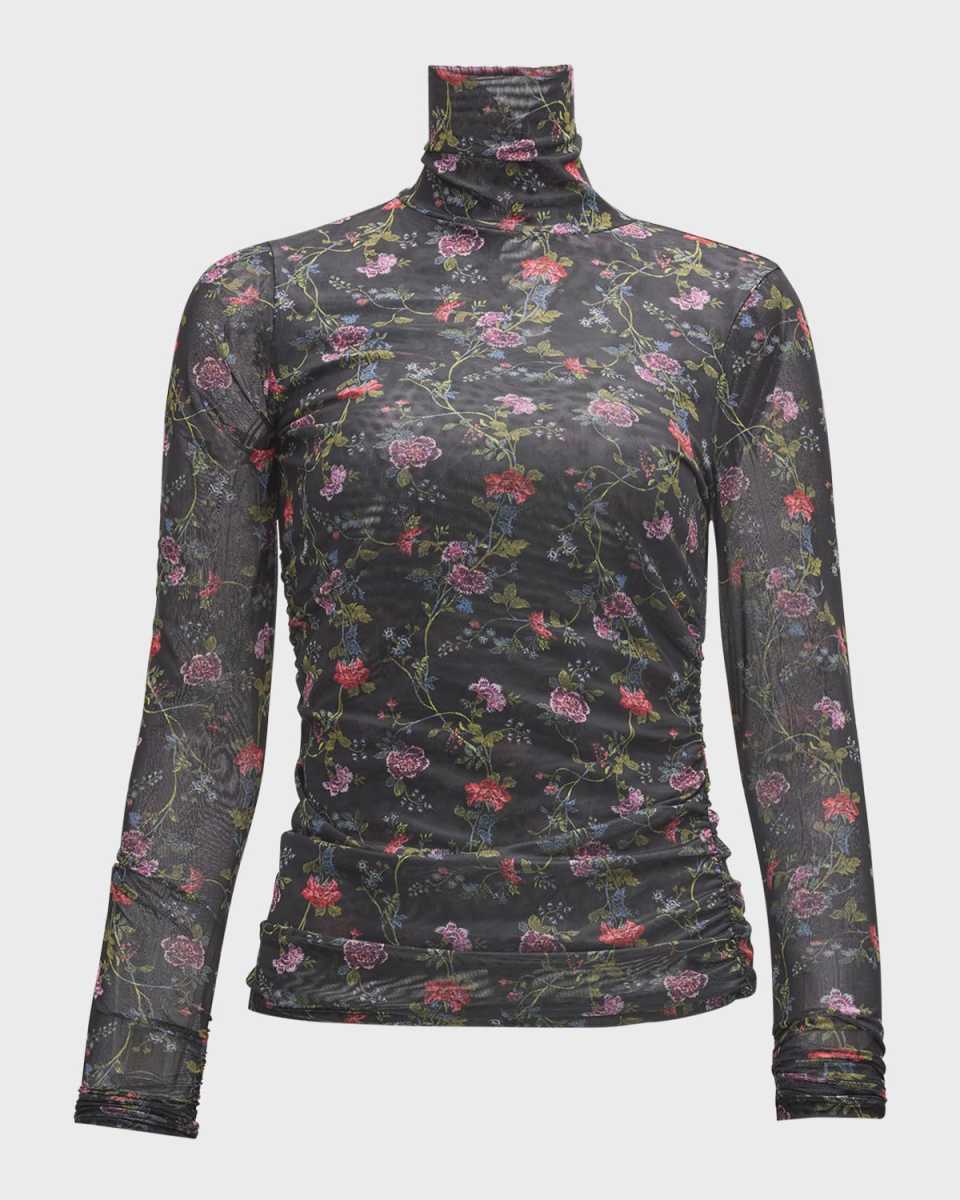 Hana Floral Shirred Mesh Turtleneck Top