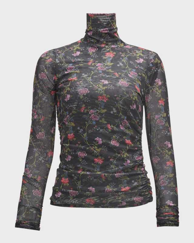 Hana Floral Shirred Mesh Turtleneck Top