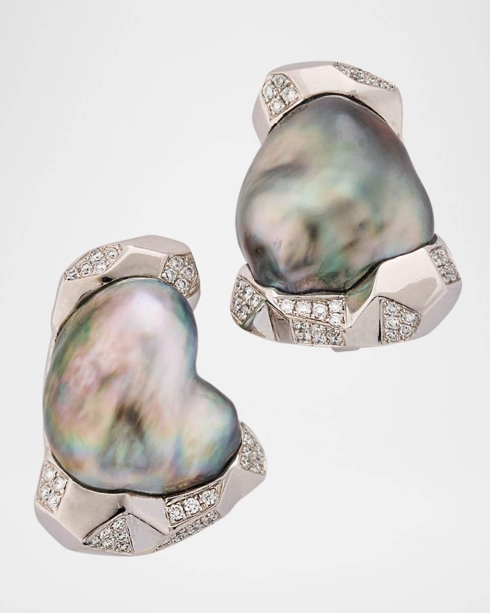 18K White Gold Grey Tahitian Pearl Earrings with Diamonds