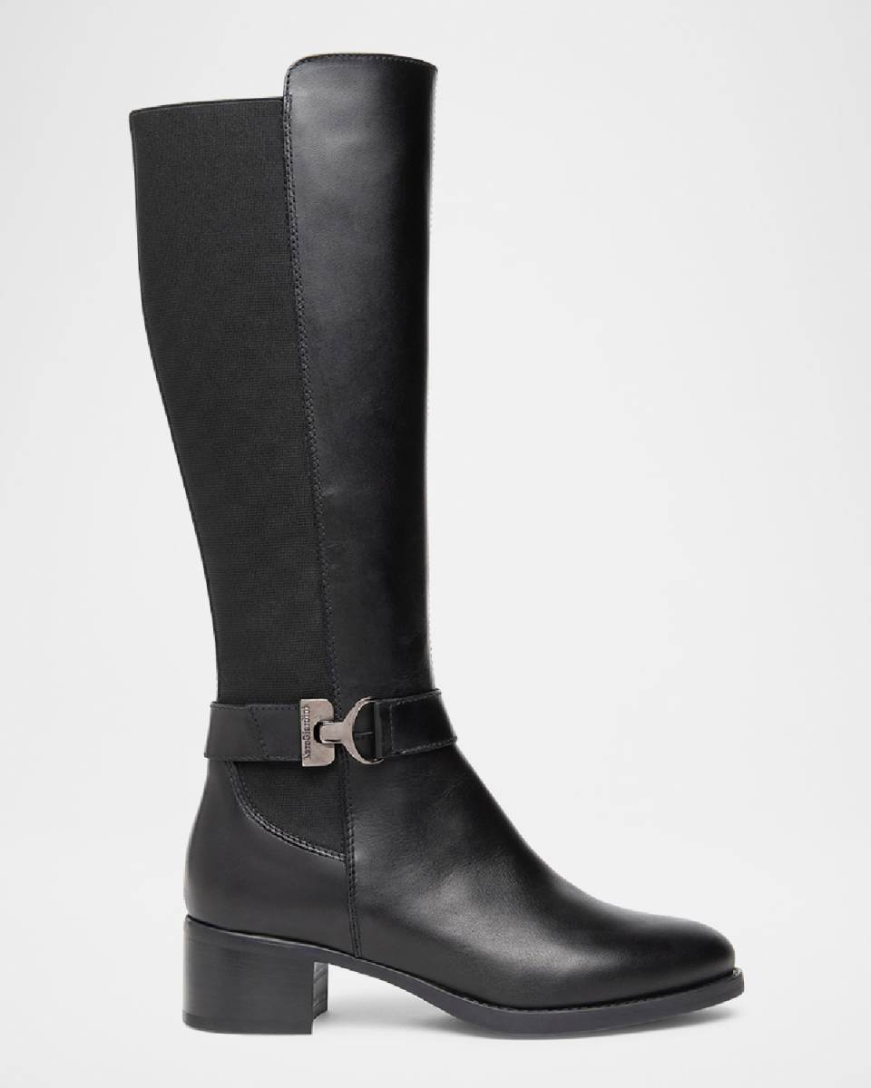 Leather Stretch Buckle Knee Boots