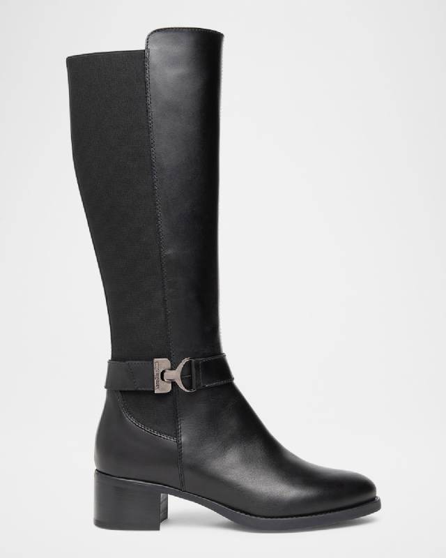 Leather Stretch Buckle Knee Boots