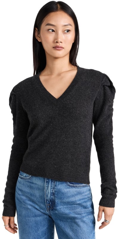 FRAME Ruched Sleeve Cashmere Sweater Charcoal Heather