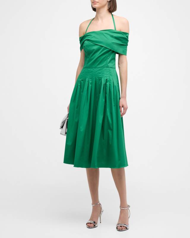 Off-The-Shoulder Halter Pleated Cotton Midi Dress