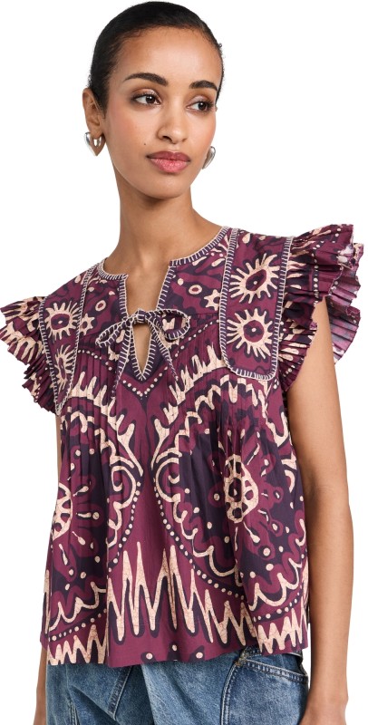 Sea Charlough Print Flutter Sleeve Blouse Magenta