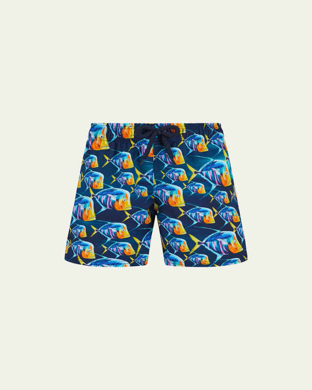 Boy's Graphic Piranha-Print Swim Shorts, Size 2-12
