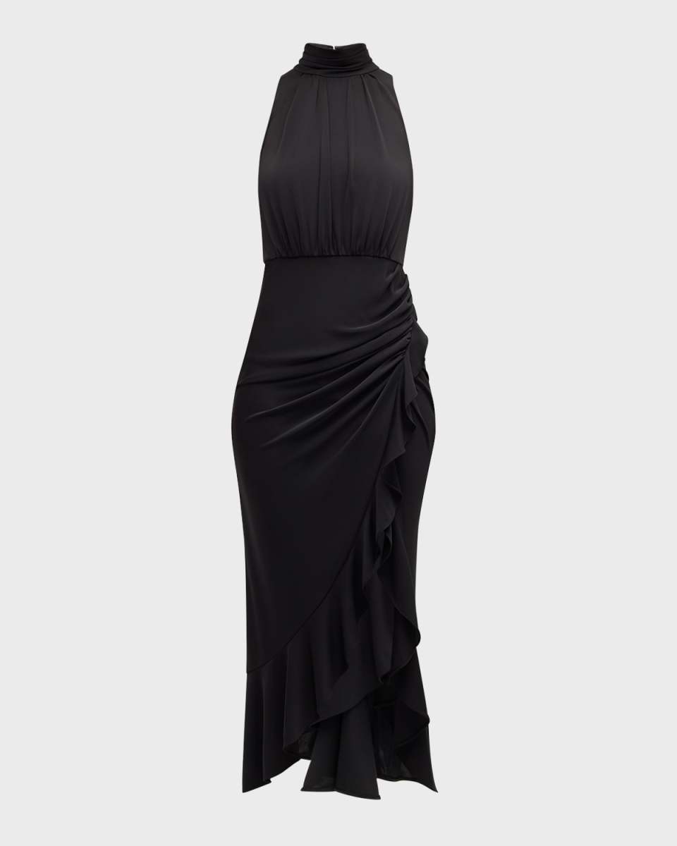 Antonia Sleeveless Draped Mock-Neck Ruffle Slit Midi Dress