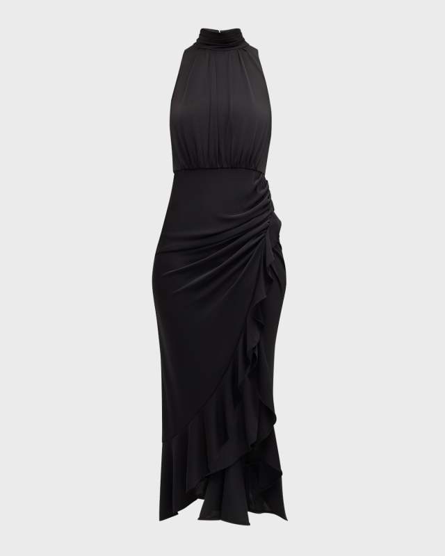 Antonia Sleeveless Draped Mock-Neck Ruffle Slit Midi Dress