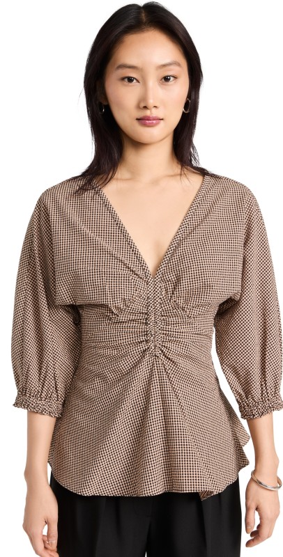 Proenza Schouler White Label Gingham Long Sleeve Peplum Top Coral/Black