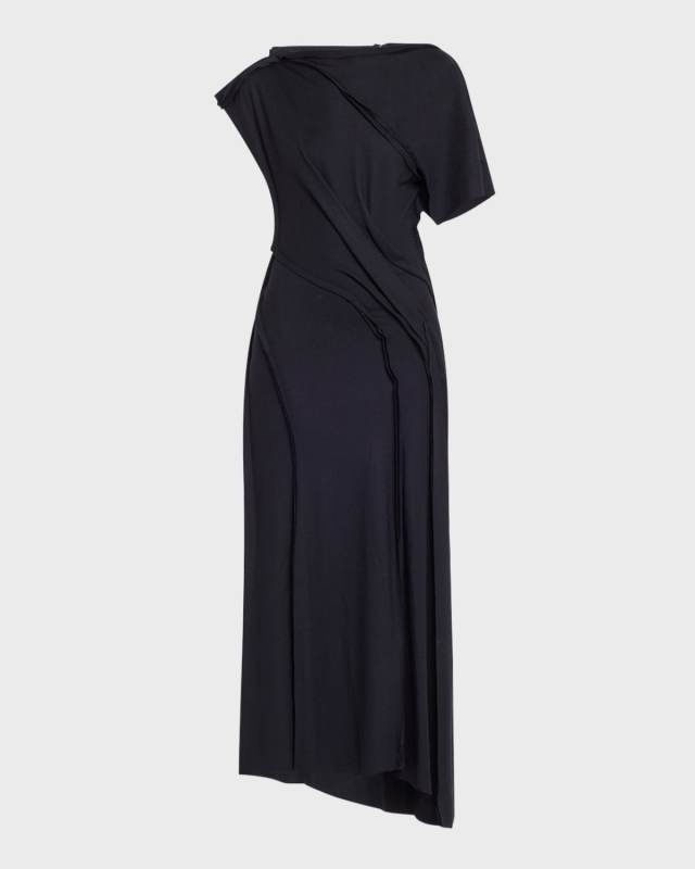 Asymmetric Draped Wool Jersey Maxi Dress