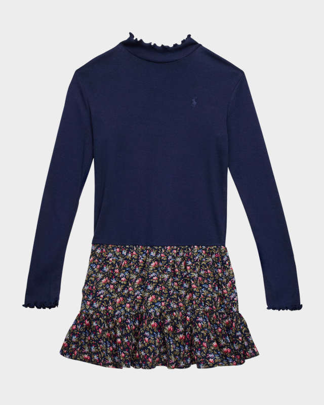Girl's Combo Floral-Trim Day Dress, Size S-XL