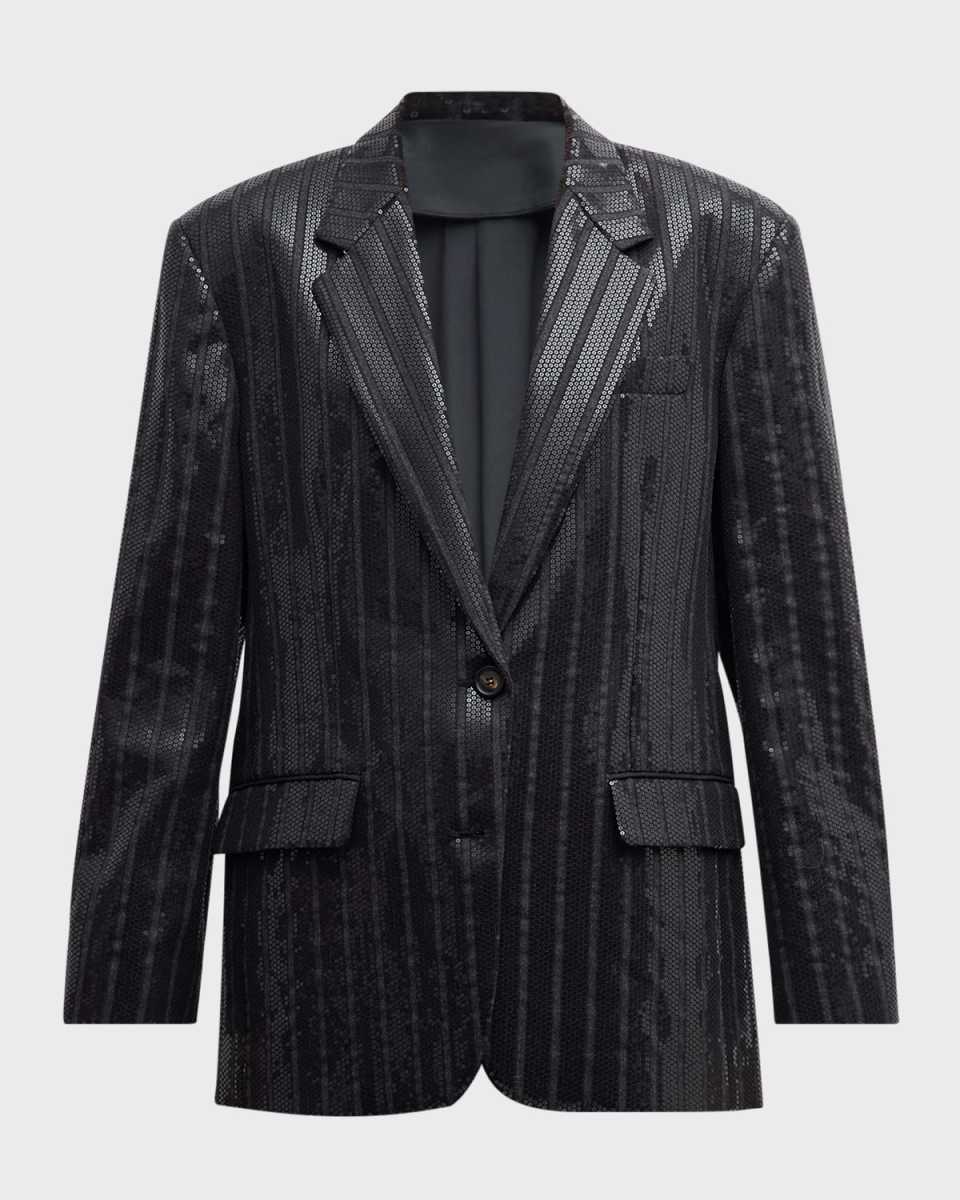 Sequined Flannel Wool Pinstripe Blazer