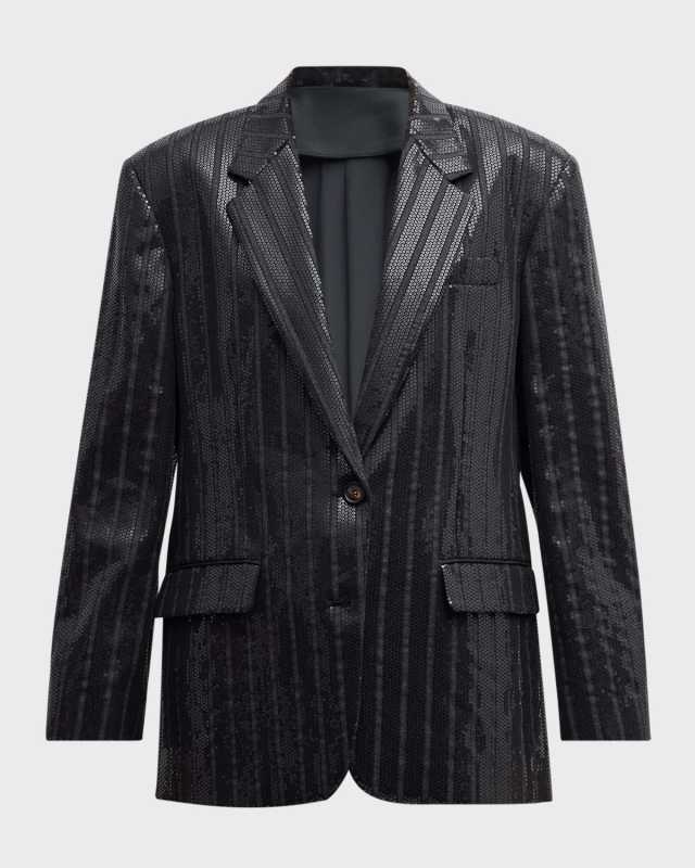 Sequined Flannel Wool Pinstripe Blazer