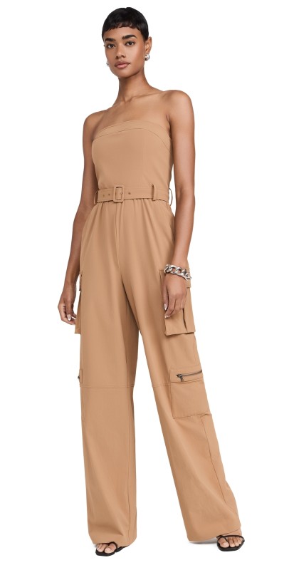alice + olivia Sachiko Strapless Cargo Jumpsuit Tan