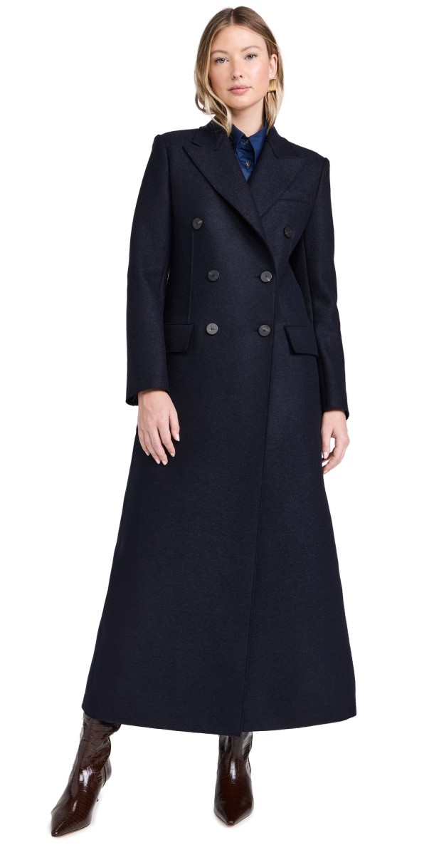 Harris Wharf London Women Long Double Breasted Tailored Coat Pressed Wool Navy Blue