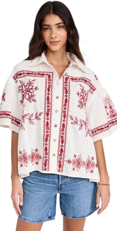 Free People Spring Refresh Vacation Shirt Red Combo