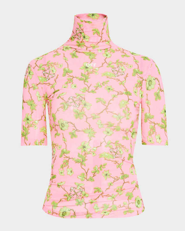 Turtleneck Short-Sleeve Ramage Tulle Top