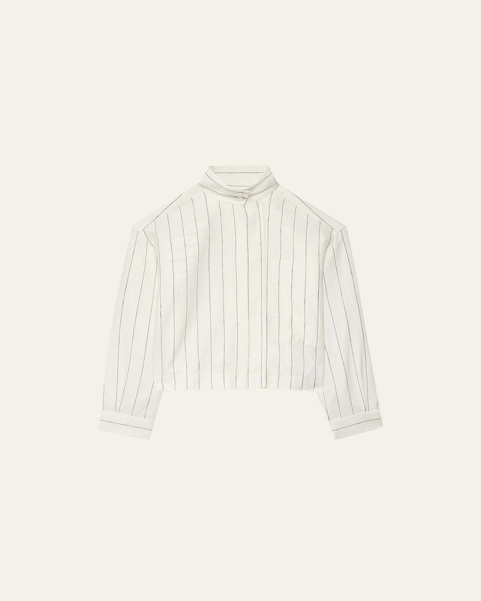 Stripe Stand-Collar Crop Linen Shirt