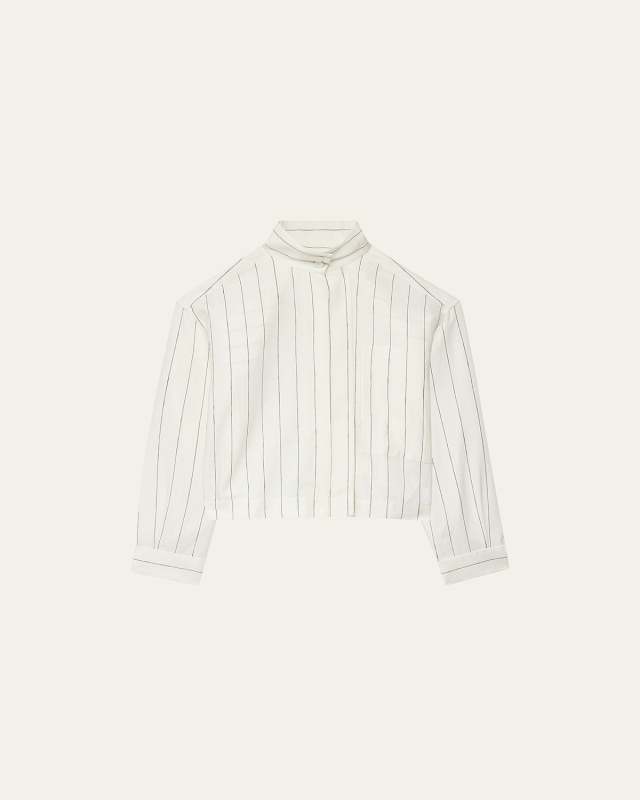 Stripe Stand-Collar Crop Linen Shirt