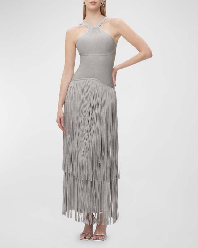 Kennedy Metallic Tiered Fringe Halter Gown