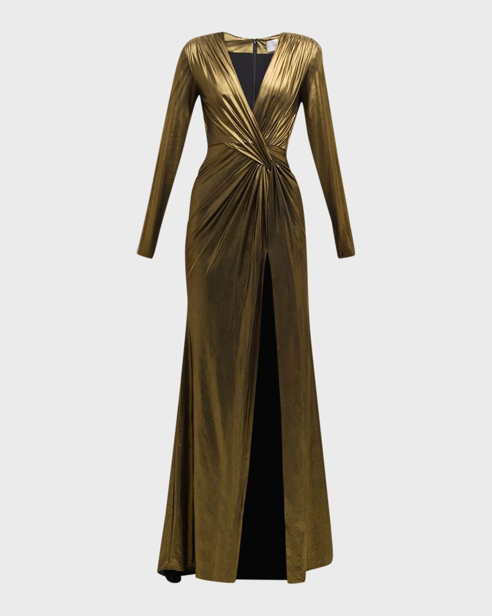 Metallic Draped Lame Gown with Slit