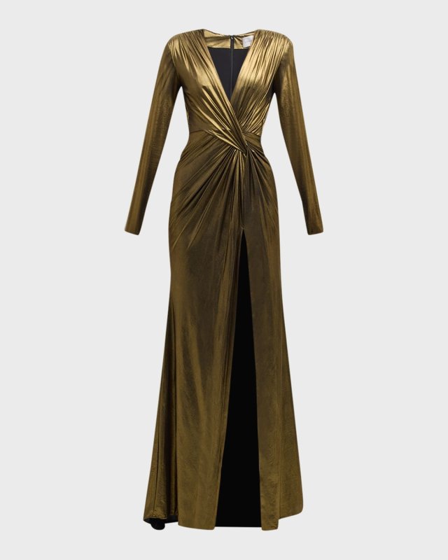 Metallic Draped Lame Gown with Slit
