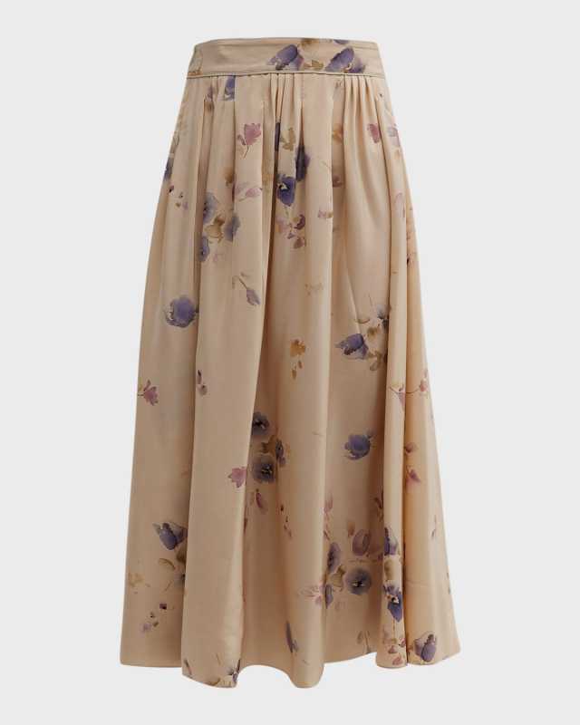 Iris Bluebells Pleated Midi Skirt with Front Tie