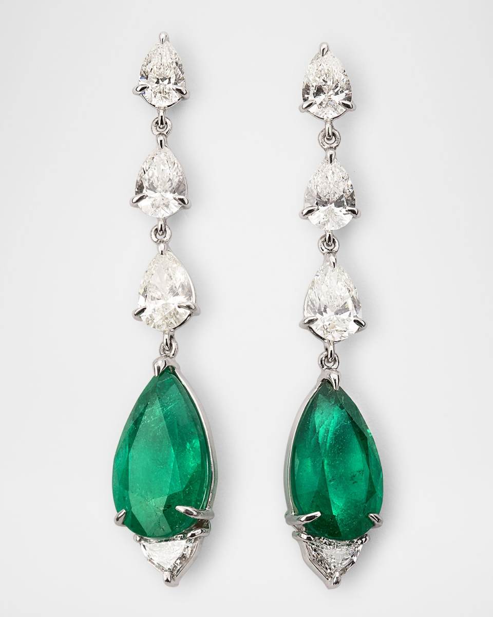 One-Of-A-Kind 18K White Gold Diamond and Emerald Drop Earrings