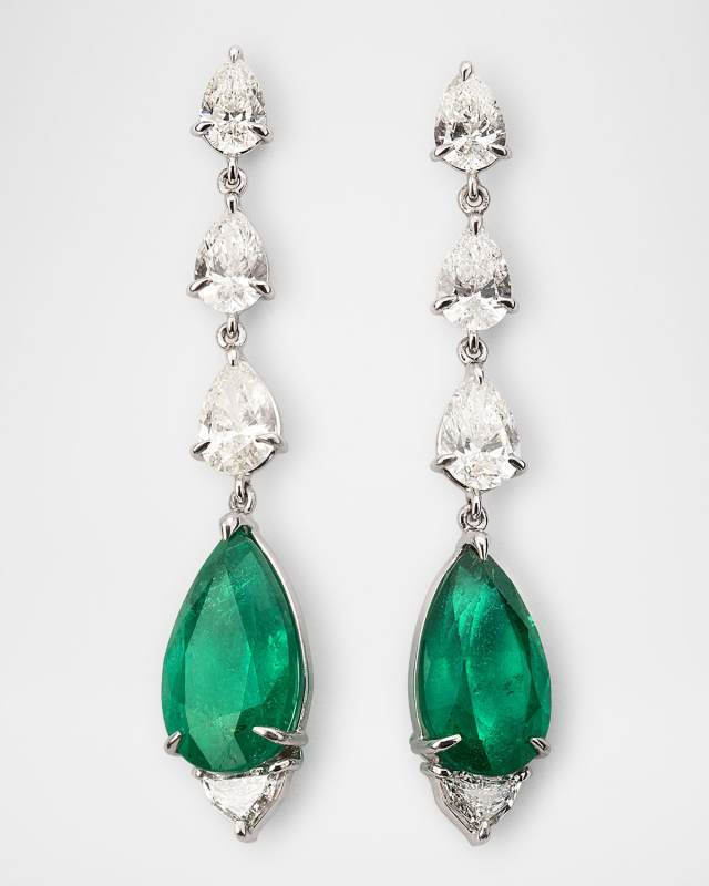 One-Of-A-Kind 18K White Gold Diamond and Emerald Drop Earrings