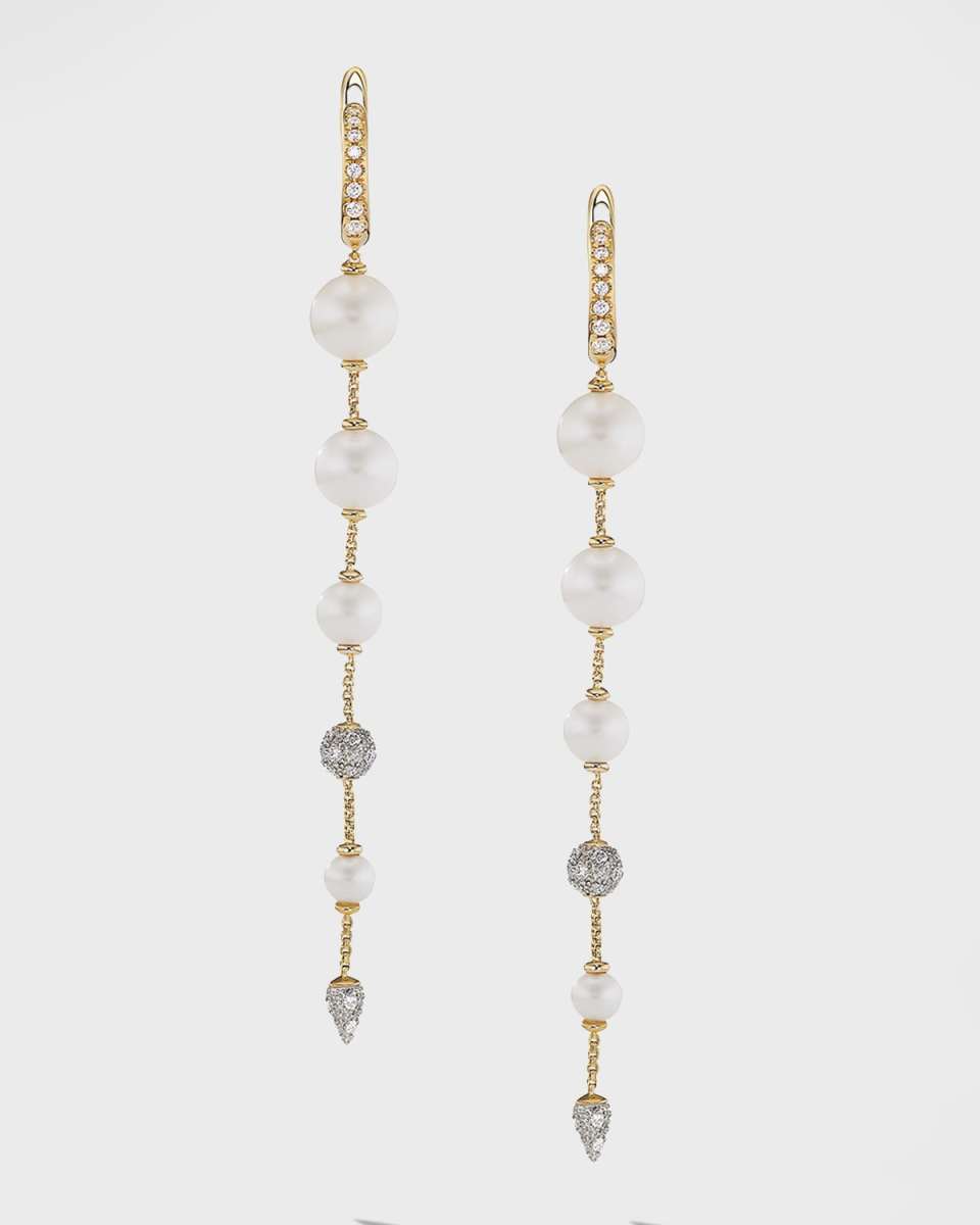Pearl and Pave Drop Earrings with Diamonds in 18K Gold, 8mm, 3.1"L