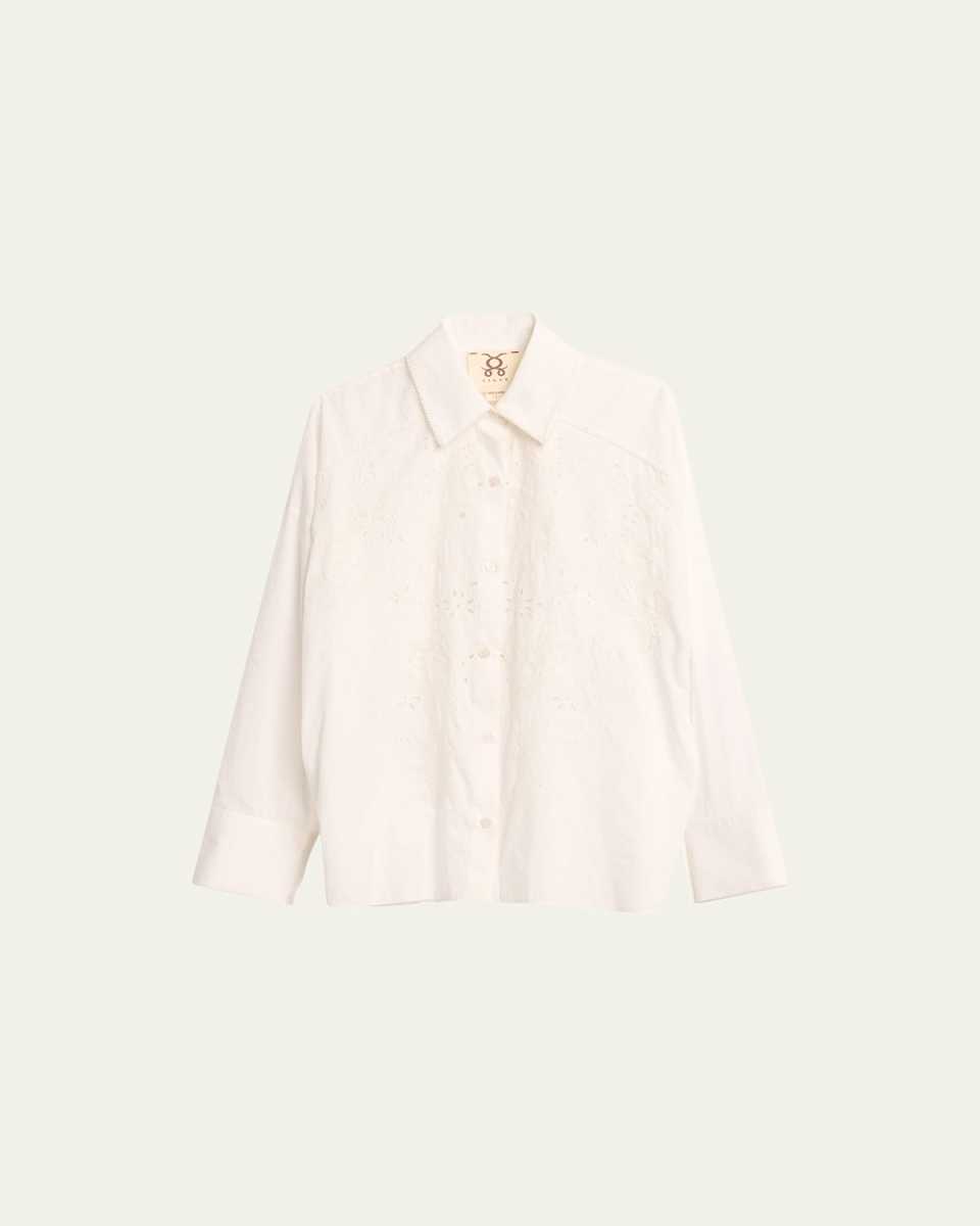 Francia Floral-Embroidered Button Up Oversized Top