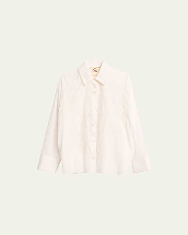 Francia Floral-Embroidered Button Up Oversized Top