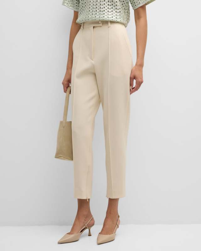 High-Rise Pintuck Slim-Leg Zip-Hem Stretch Crepe Suiting Pants