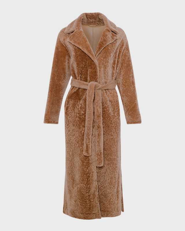 Reversible Shearling Lamb Belted Long Coat With Side Slits