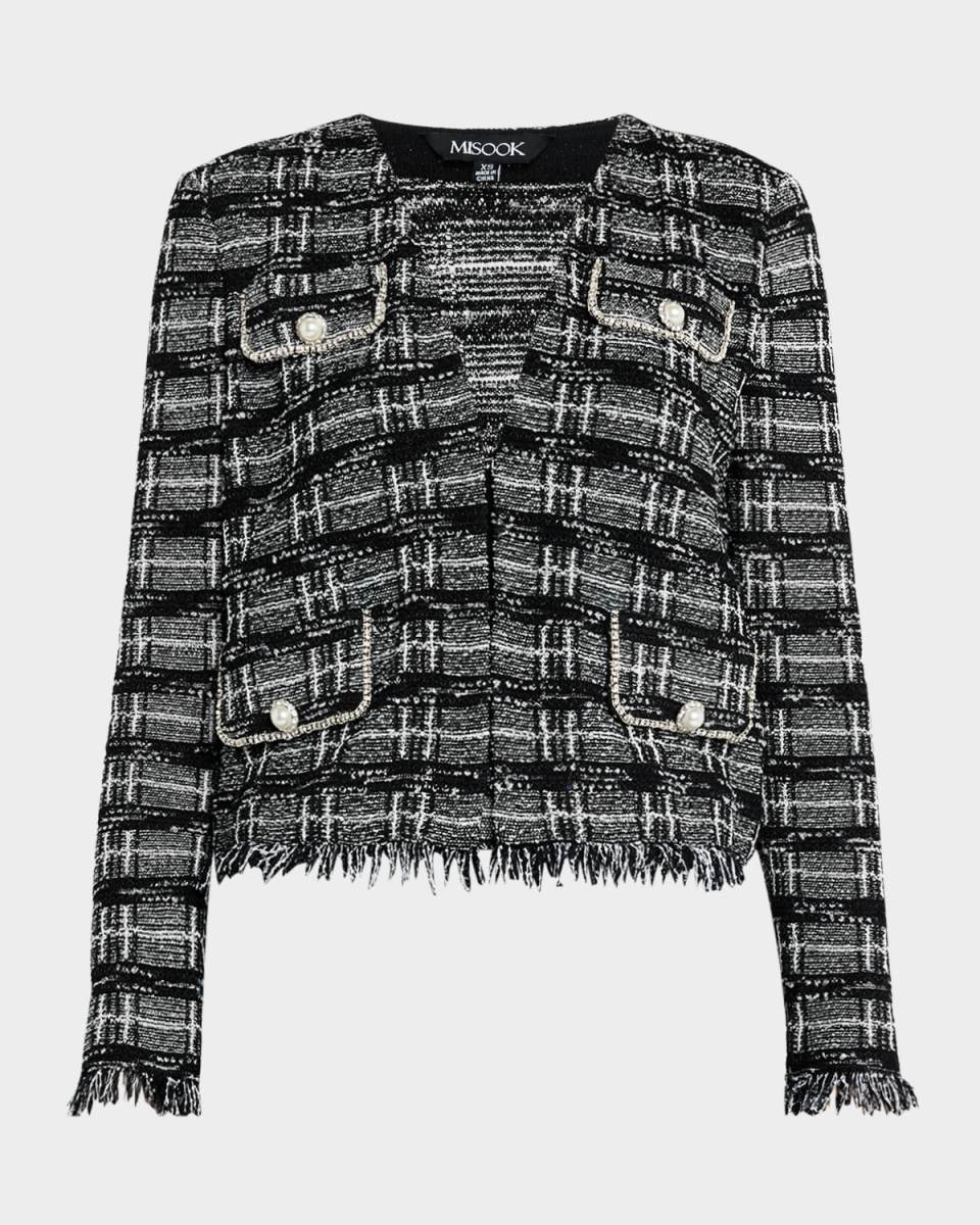 Rhinestone-Trim Tweed Knit Jacket