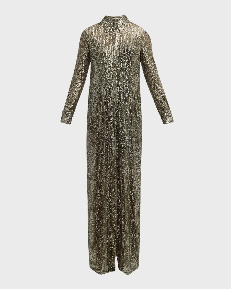 Italian Fluid Sequined Long-Sleeve Shirt Gown