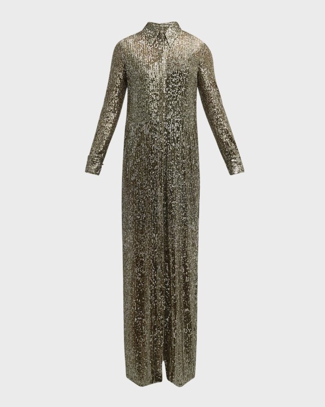 Italian Fluid Sequined Long-Sleeve Shirt Gown