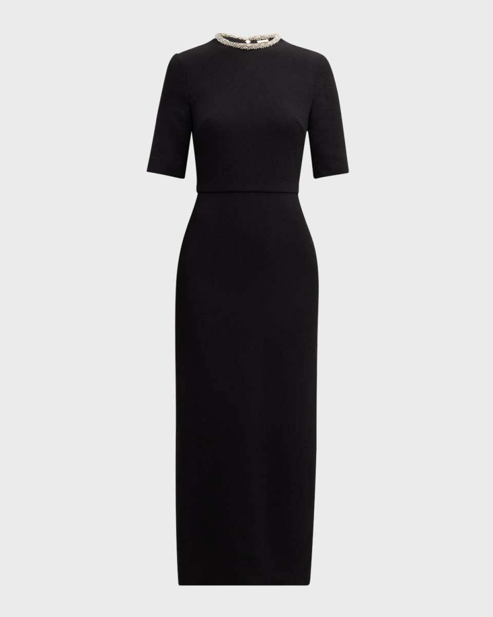 Crystal Neck Short-Sleeve Wool Crepe Midi Dress