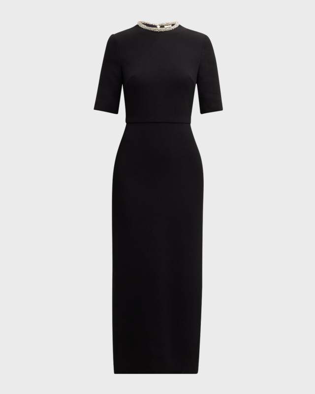 Crystal Neck Short-Sleeve Wool Crepe Midi Dress