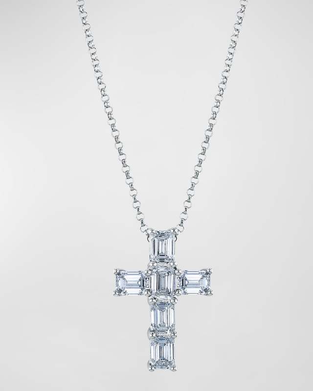 18K White Gold Emerald Cut Diamond Cross Necklace, 16-17"L, 2.40tcw