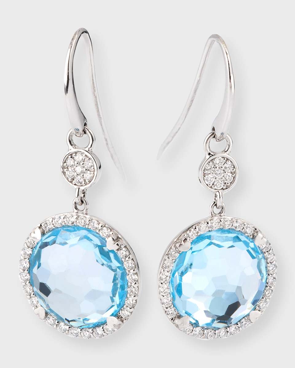 Rocks 18K White Gold Blue Topaz Diamond Halo and Disc Drop Earrings