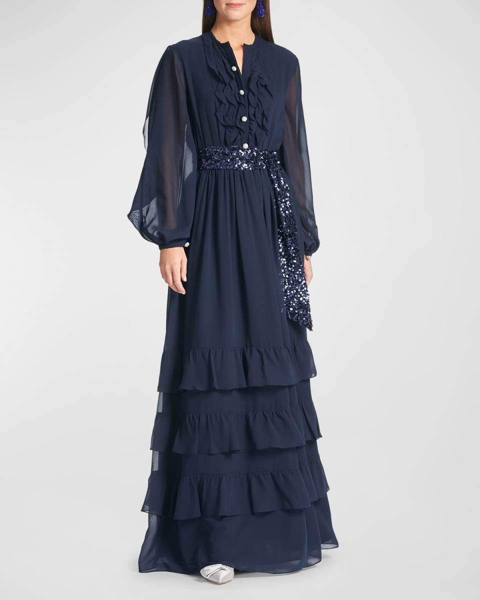 Venus Blouson-Sleeve Ruffle Chiffon Gown