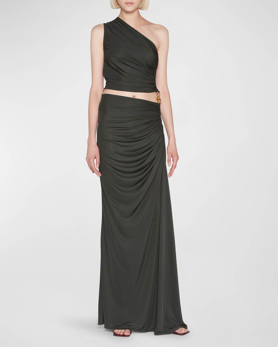 Ruched One-Shoulder Gown with Knot Detail