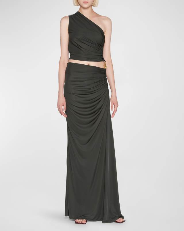 Ruched One-Shoulder Gown with Knot Detail