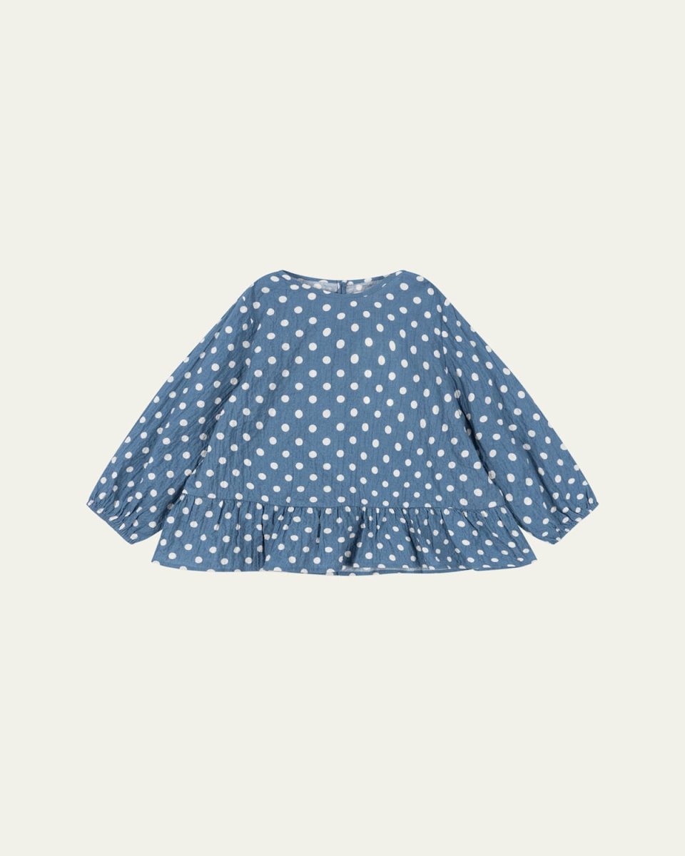 Girl's Vida Dotted Ruffle-Hem Organic Cotton Blouse, Size 9M-6