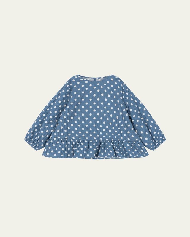 Girl's Vida Dotted Ruffle-Hem Organic Cotton Blouse, Size 9M-6