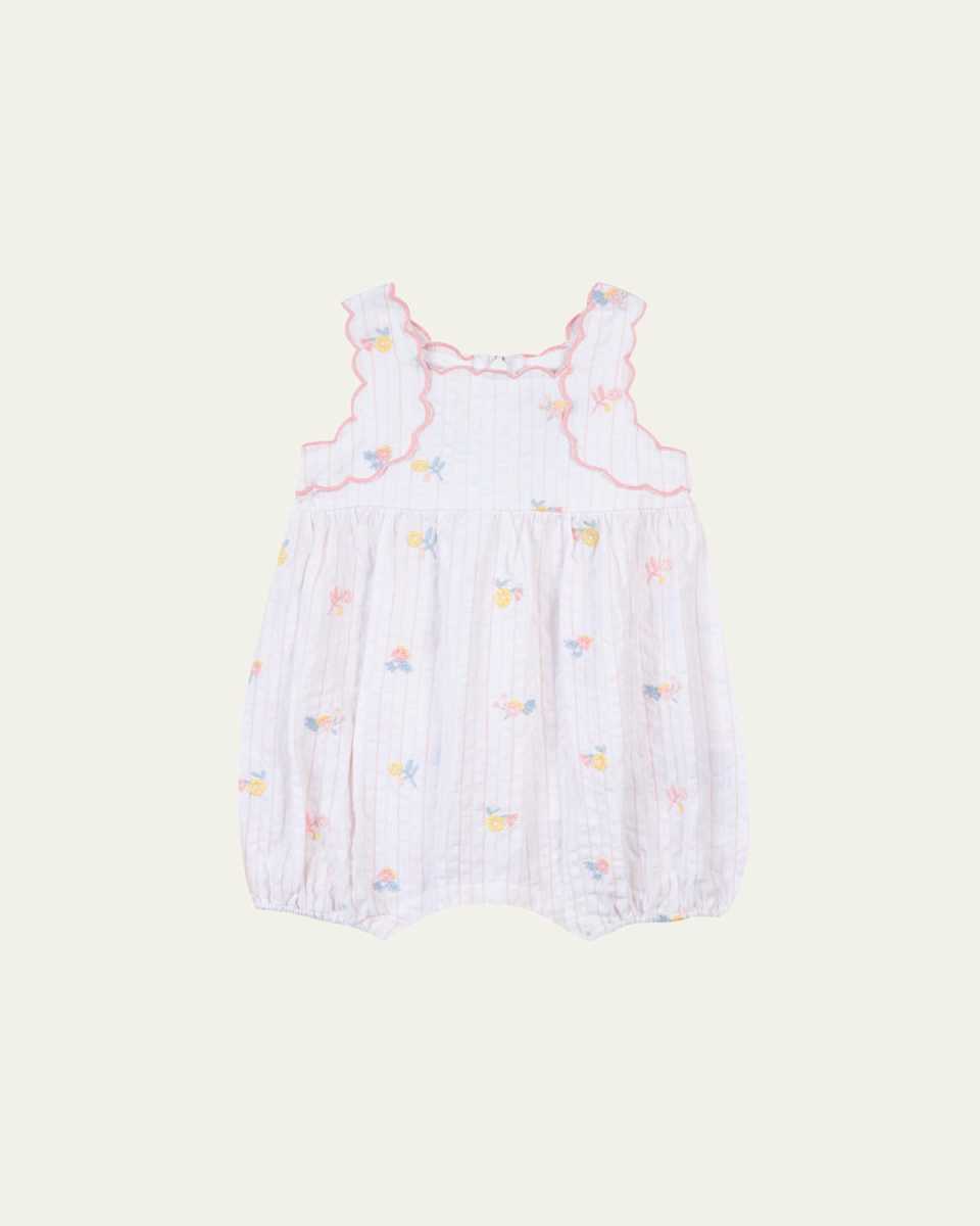Girl's Hand Embroidered Floral-Print Bubble Romper, Size 3M-1