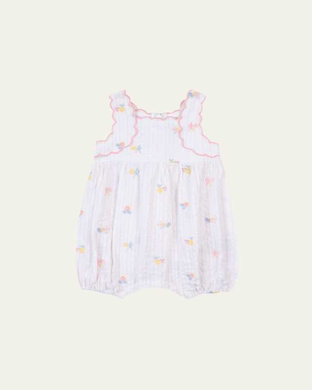 Girl's Hand Embroidered Floral-Print Bubble Romper, Size 3M-1