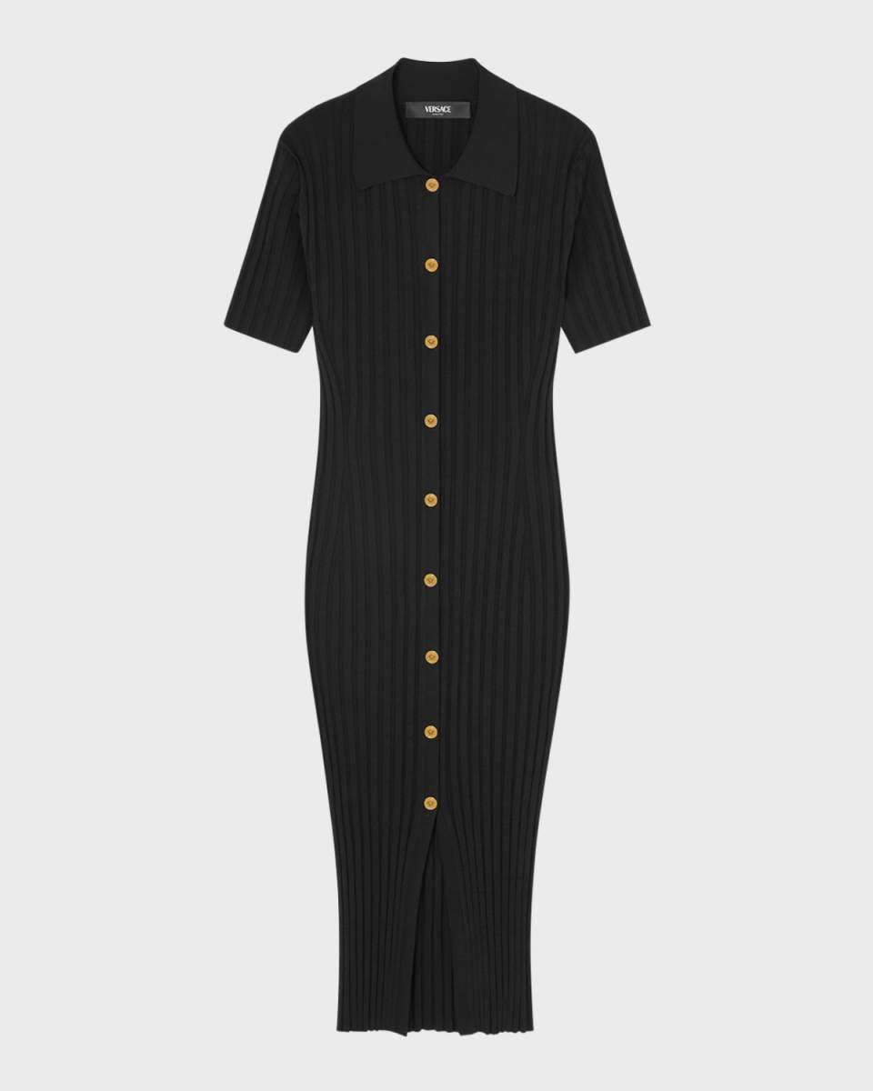 Short-Sleeve Flat-Rib Knit Button-Front Shirtdress