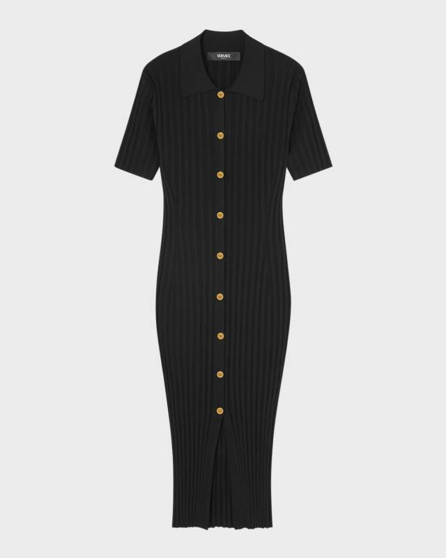 Short-Sleeve Flat-Rib Knit Button-Front Shirtdress