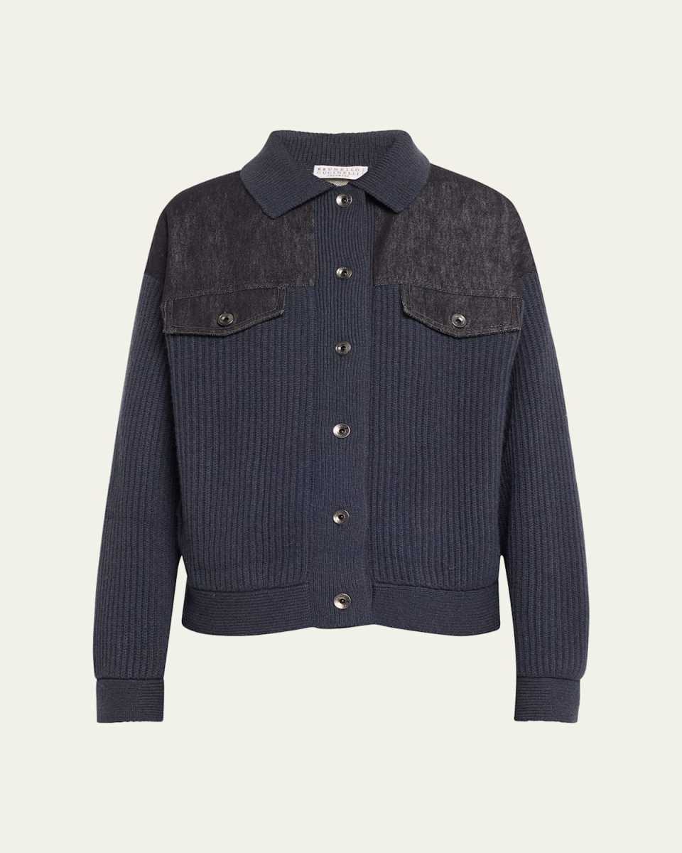 Mixed-Media Denim And Cashmere Knit Jacket